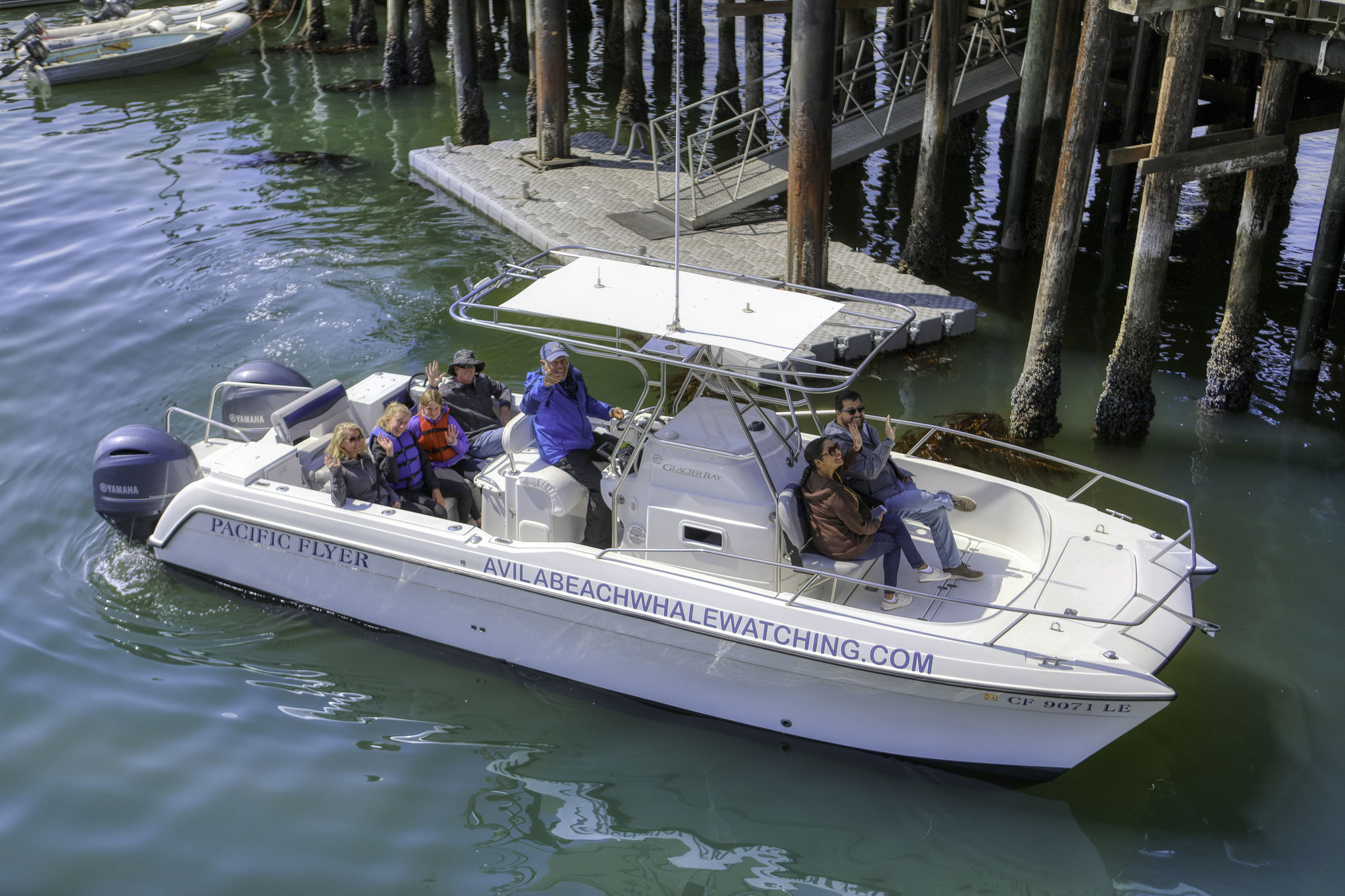 The 28ft power catamaran moored at the Avila Beach pier